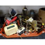 Crate of various household items including storm lamp, clock radio, telephone, glass lamp shade,