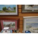 Framed watercolour of country cottage by WILLIAM HUGHES, framed street scene by VAL PEACH, framed