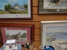 Framed watercolour of country cottage by WILLIAM HUGHES, framed street scene by VAL PEACH, framed