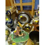 A vintage Smith's oak mantel clock, Wade pin tray, golfing figure, collector's plates etc