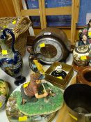 A vintage Smith's oak mantel clock, Wade pin tray, golfing figure, collector's plates etc