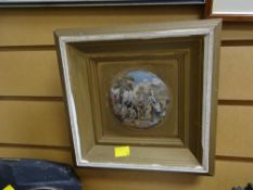 A gilt framed Prattware lid entitled 'The Village Wedding'