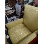 A vintage upholstered armchair together with a vintage wooden framed cushion backed & seated salon