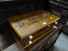 A good lightwood 'Anchor' retailer's sewing & cotton two-drawer dispenser for CLARKE & CO with the