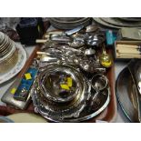 A tray of loose flatware, EPNS coaster, condiments etc
