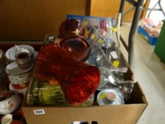 A box of various miscellaneous china & colour glass vases etc