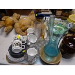 A tray of vintage china & glassware including jelly mould, vase etc
