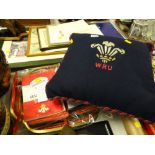 A parcel of various Welsh Rugby Union memorabilia including embroidered cushion, paperweight