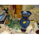 Tray of various coloured & clear pressed glass, items, vases, bowls together with a continental blue