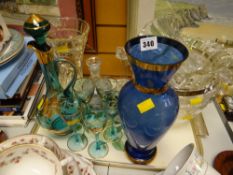 Tray of various coloured & clear pressed glass, items, vases, bowls together with a continental blue