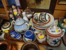 A tray of various modern decorated Chinese items including plates, covered pots, potpourri etc
