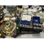 A parcel of cased EPNS, small EPNS candelabra, EPNS trays etc