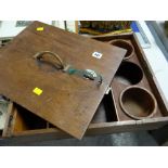 An unusual brass handled locking small wooden cabinet with internal shelving & mixing bowl, embossed