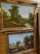 A gilt framed oil on canvas of a cottage & river scene, signed FULLMAN together with a gilt framed
