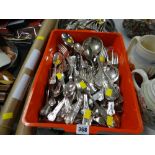 A box of loose King's pattern plated flatware