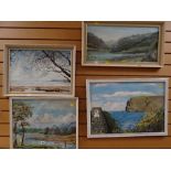 Framed oil on board - view across a bay with sailboats, together with two other oils on board