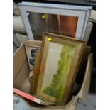 Box of various framed prints, framed watercolour of Cobham Common, Surrey by GEORGE OYSTON & two