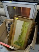 Box of various framed prints, framed watercolour of Cobham Common, Surrey by GEORGE OYSTON & two