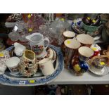 Large blue & white willow pattern platter, Sylvac pebble vase, Royal Commemorative mugs, Old Court