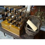 An antique oak cutlery box with brass inlaid monogram together with a small wine rack, sundry