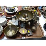 Tray of various metalware including brass bowl, tankards etc