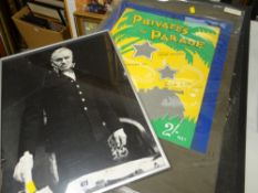 Framed Laurence Olivier photograph & titled cloth for 'Privates on Parade' together with a theatre