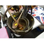 A brass preserve pan, copper frying pan, brass pans etc