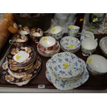 A tray of various patterned teaware including Royal Albert 'Old English Rose', Clarence bone