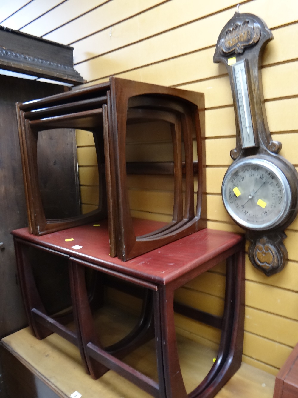 Two nests of three coffee tables & an aneroid barometer