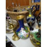 A Doulton Lambeth urn-style vase (A/F), cloisonne-style vase & pair of brass candlesticks
