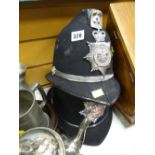 Two vintage police helmets, South Wales Constabulary & Dyfed Powys Police