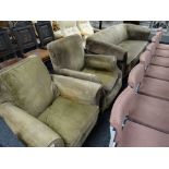 A vintage green corduroy lounge-suite comprising club-style three seater sofa, two armchairs