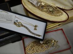 Two 9ct gold rope chains together with a 9ct strap ladies wristwatch, boxed pearls etc