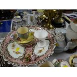 A large continental decorated tazza together with a Royal Doulton Shakespeare teacup & saucer -