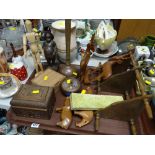 Tray of various treen items including carved wooden box, artist's model, corner shelf etc