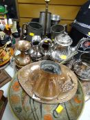Parcel of various metalware including EPNS twin-handled tray, copper measure, copper leaf dish,