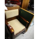 A baize lined folding card table & an upholstered elbow chair