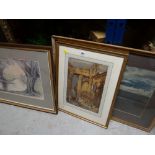 A framed print of wildfowl in flight by PETER SCOTT, framed watercolour signed D R MEEKS of a