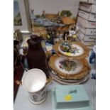 Three-piece EPNS teaset, circular EPNS tray, boxed flatware together with a cake stand, Coalport