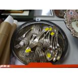 Circular EPNS tray together with a parcel of Christofle flatware