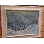 Oil on board - North Wales village with mountains in background signed KELLY