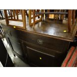 A vintage oak sideboard together with rush seated chairs & an embroidered fire screen