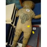 An interesting unknown cloth doll with dyed pantaloons, striped socks and hair, the feet with 'Trade