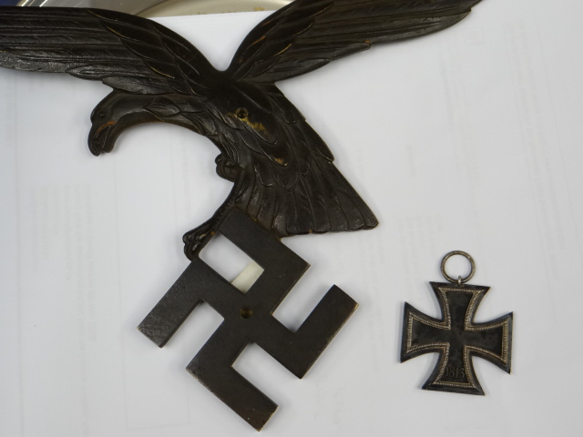 A parcel of Third Reich memorabilia, a bronze eagle on swastika, iron cross etc - Image 3 of 5