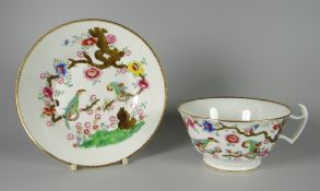 A SWANSEA PORCELAIN BREAKFAST CUP & SAUCER printed and enamelled with 'Chained Parakeets' within a