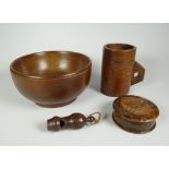 A PARCEL OF WELSH TREEN comprising cawl bowl, 15cms diam, treen whistle, cylindrical grain measure