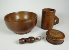 A PARCEL OF WELSH TREEN comprising cawl bowl, 15cms diam, treen whistle, cylindrical grain measure