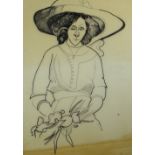 JOHN UZZELL EDWARDS two framed pen and ink drawings, one cut-out - a bonneted lady, 30 x 22cms and