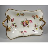A SWANSEA PORCELAIN TWIG-HANDLED PEDESTAL DISH of shaped rectangular form, the interior painted with