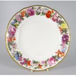 A NANTGARW PORCELAIN FLORAL PLATE DECORATED BY THOMAS PARDOE of lobed form, the border decorated
